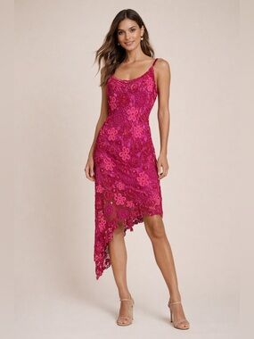 Nicowa Pink Crochet Lace Dress Size 38 (US Small) Floral Asymmetrical Hem